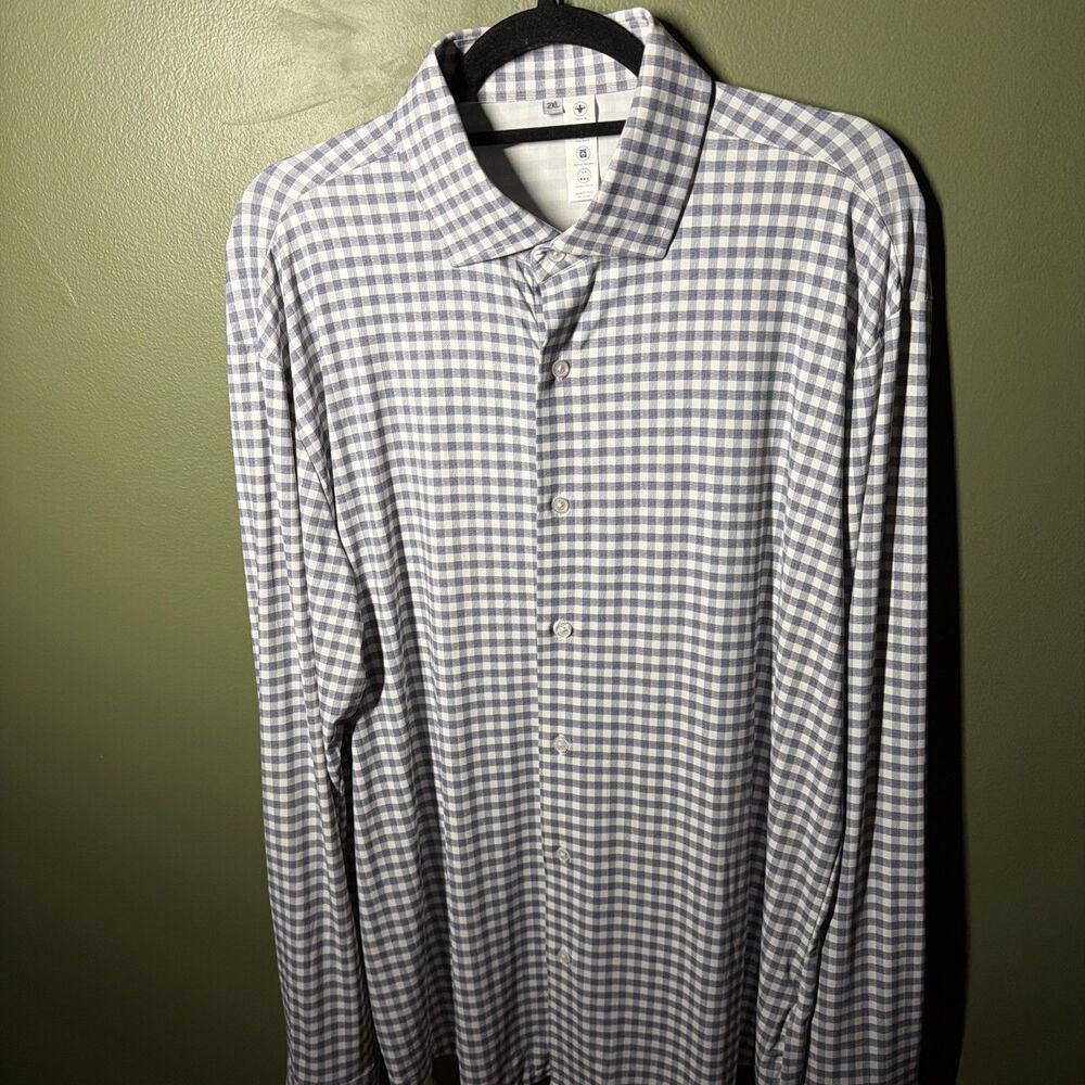 NWOT State & Liberty Men's Blue Grey Gingham Performance Stretch Dress Shirt 2XL